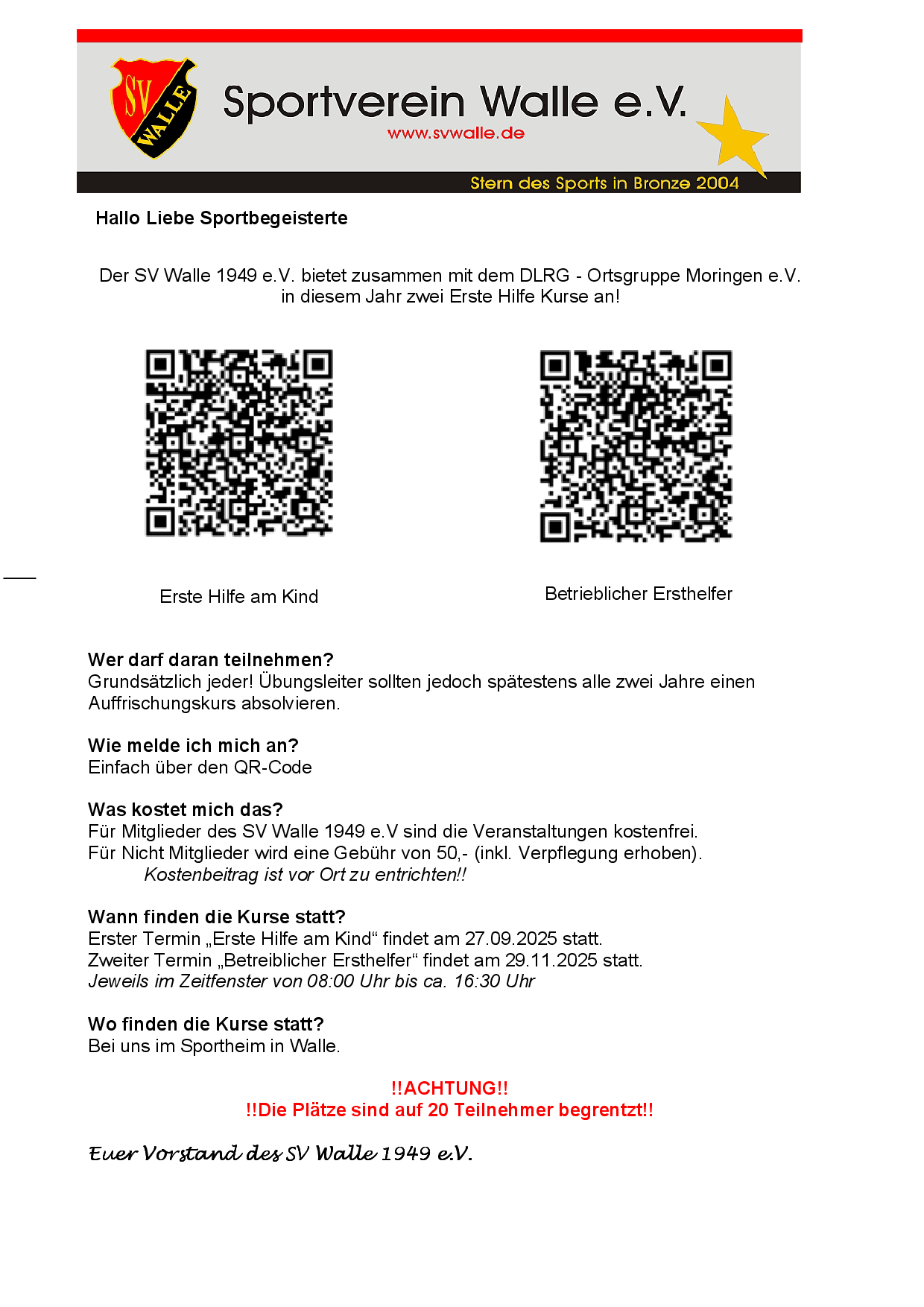 SV Walle Erste Hilfe Kurs 2025